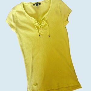 LAUREN RALPH LAUREN Chartreuse Neon Yellow Green Lace Up Ribbed Slim Fit Top Sz
